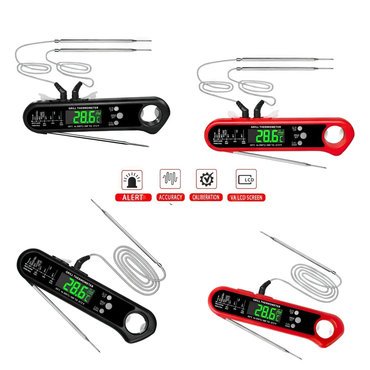 1pc Foldable Food Thermometer 1/2 Stainless Steel Probe Sensor LCD Display  ℃ °F Over-temperature Alert Kitchen Bake Fry BBQ