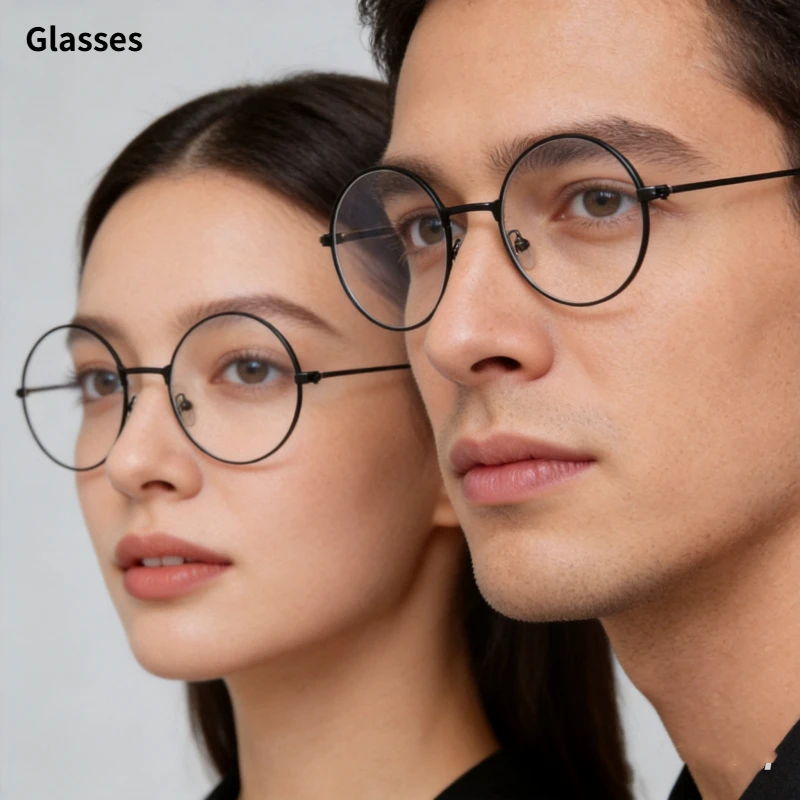 Flat Art Classic Round Glasses Retro Circle Eyeglasses Clear Lens Metal Frame Accessories Halloween Cosplay Anime Glasses