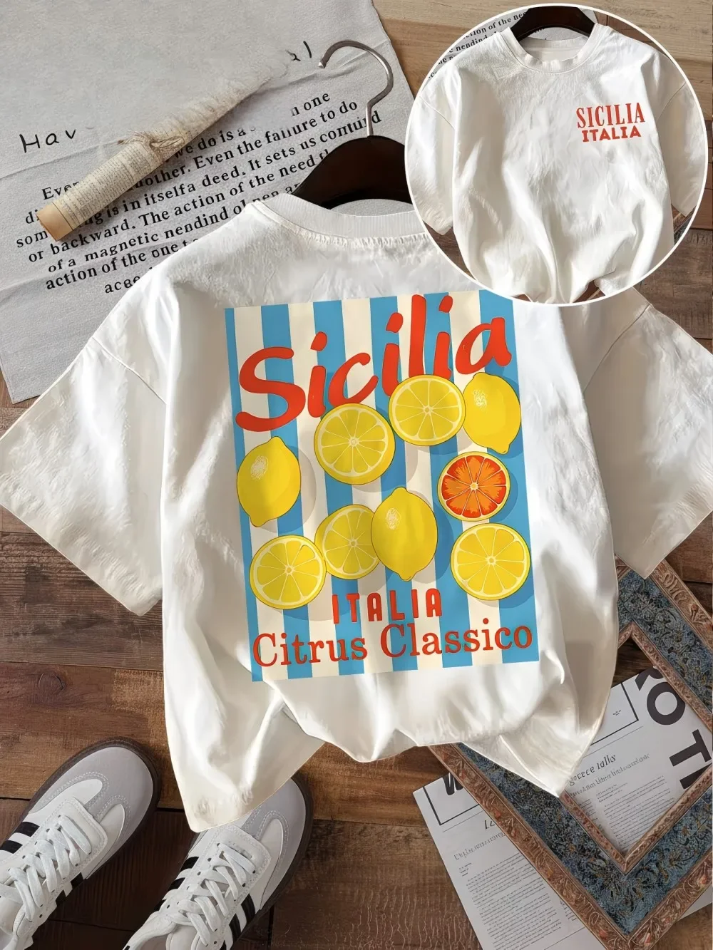 Vintage Sicilia Italia Graphic Tee Women Retro Aesthetic Striped Lemon Print T Shirt Summer Harajuku Streetwear Fashionable Top