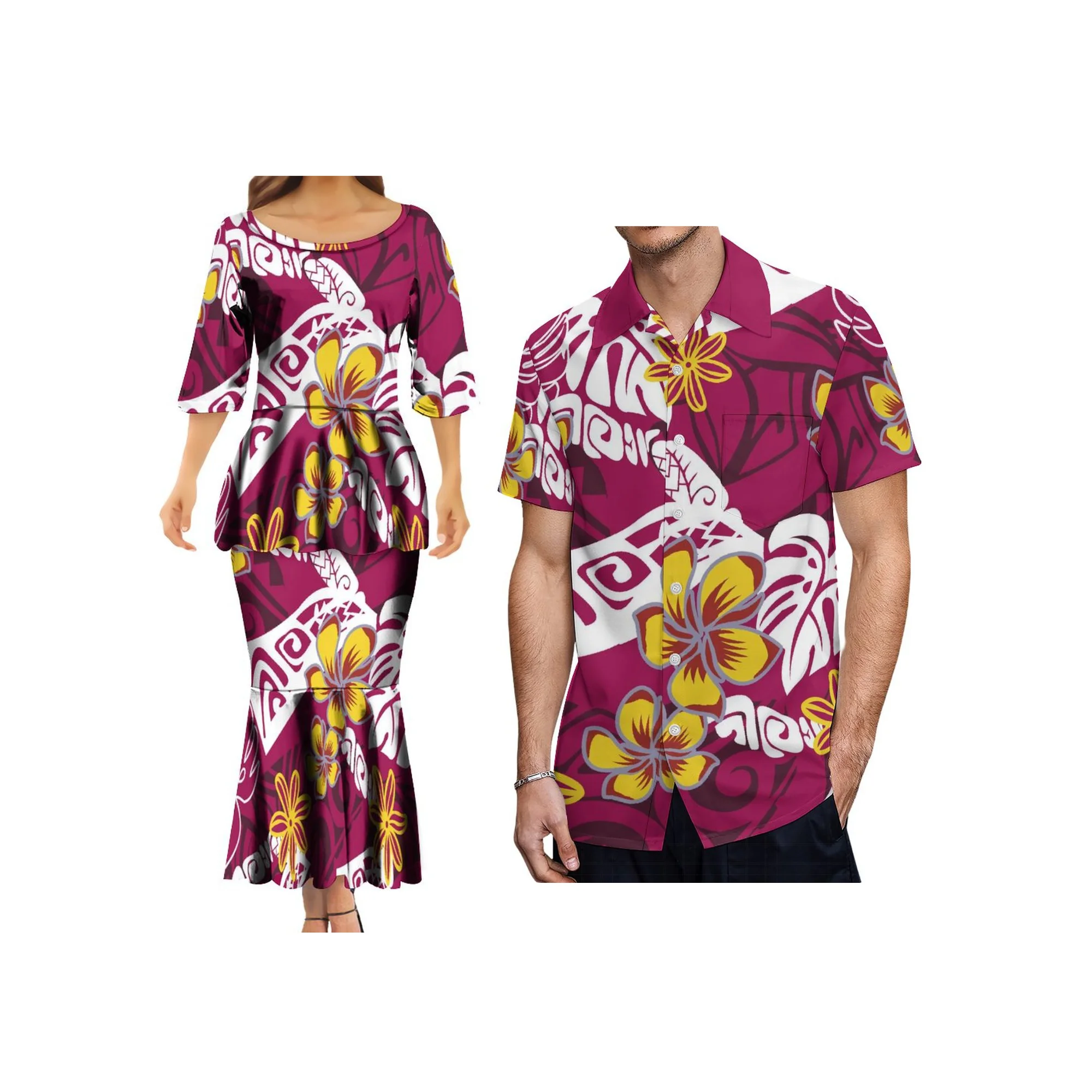 

High Quality Samoa Custom Design Polynesian Tribal Puletasi Samoa Fishtail Dress And Shirt Couple Clothes