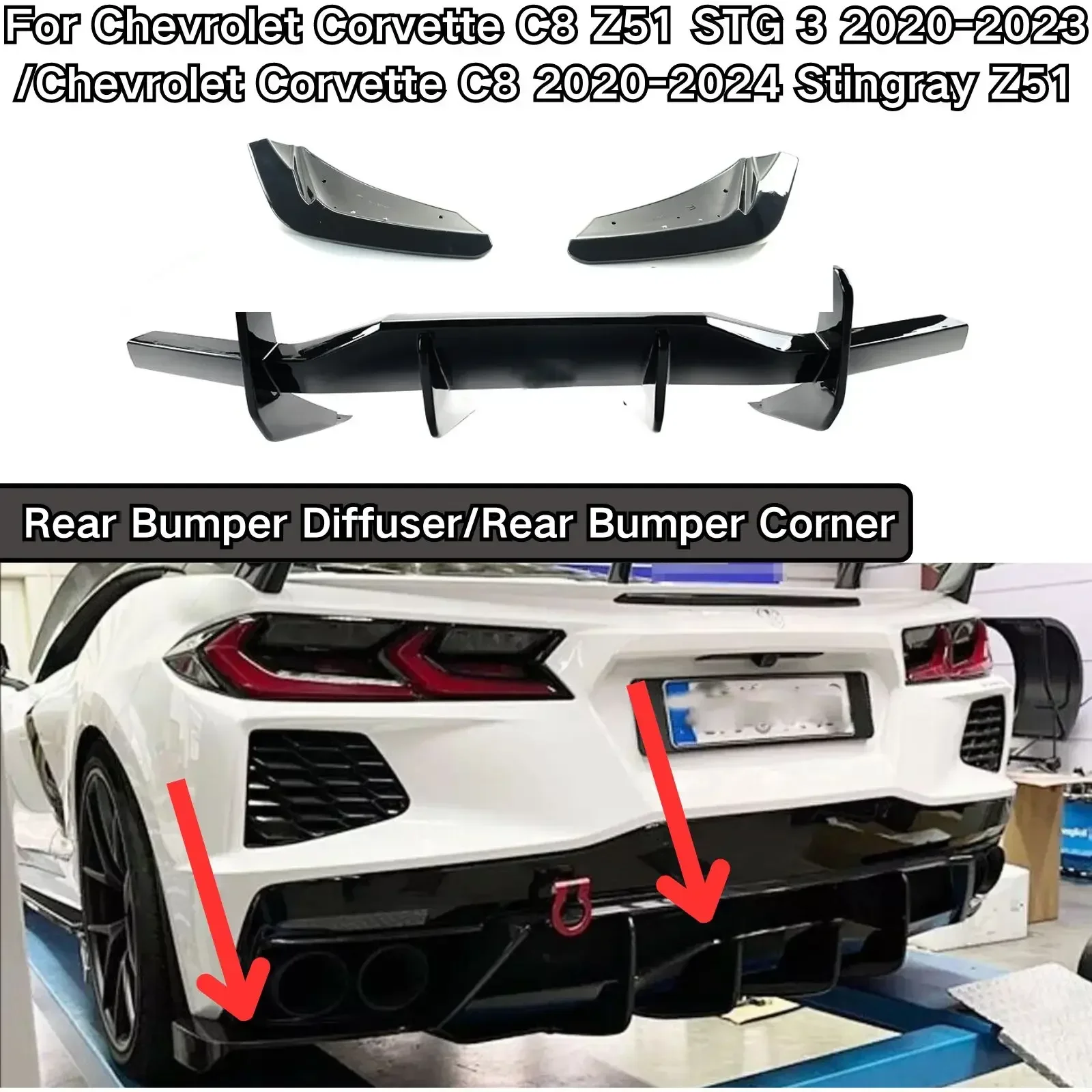 

Corner Extension Rear Bumper Diffuser For Chevrolet Corvette C8 Z51 STG 3 2020-2023/Stingray Z51 Spoiler Splitter Accessories