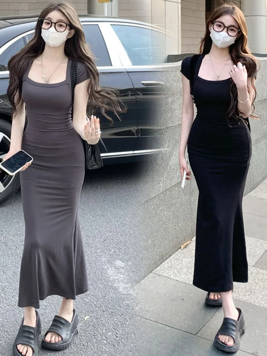 Soft Girl T-shirt Maxi Dress Women's Summer New Buttocks Wrapped Mid Length Skirt Slim Fit Waist Cinching Casual Boho Chic QVVM