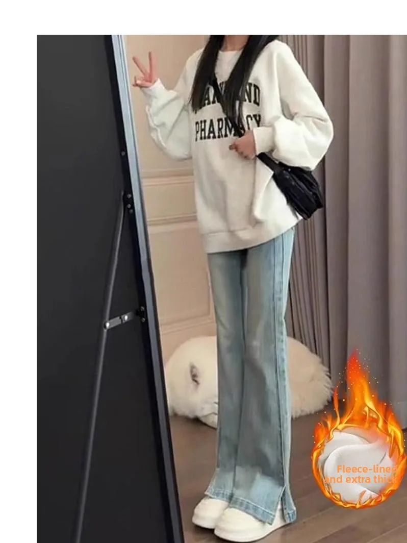 

Women's Fce Lined Thiened Micro Flared Jeans High Waist Slimming Winter New Arrival Blue Cotton Polyester Blend Casual Wear