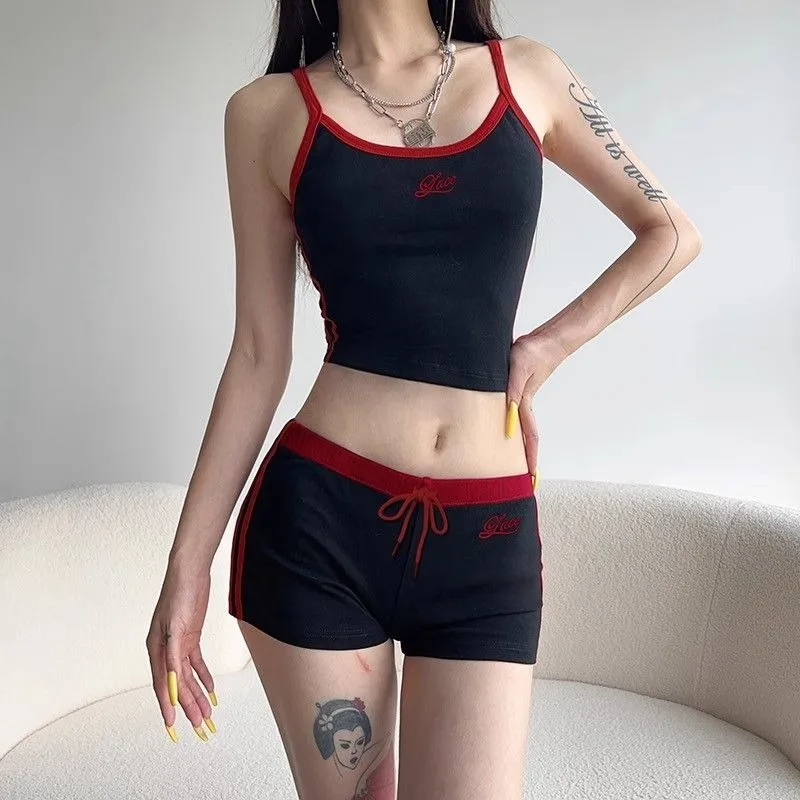 Woman Matching Sets Patchwork Embroidery Letter Tights U-neck Sling Drawstring Mini Shorts Sets Casual Female Tank Tops Sets view 4