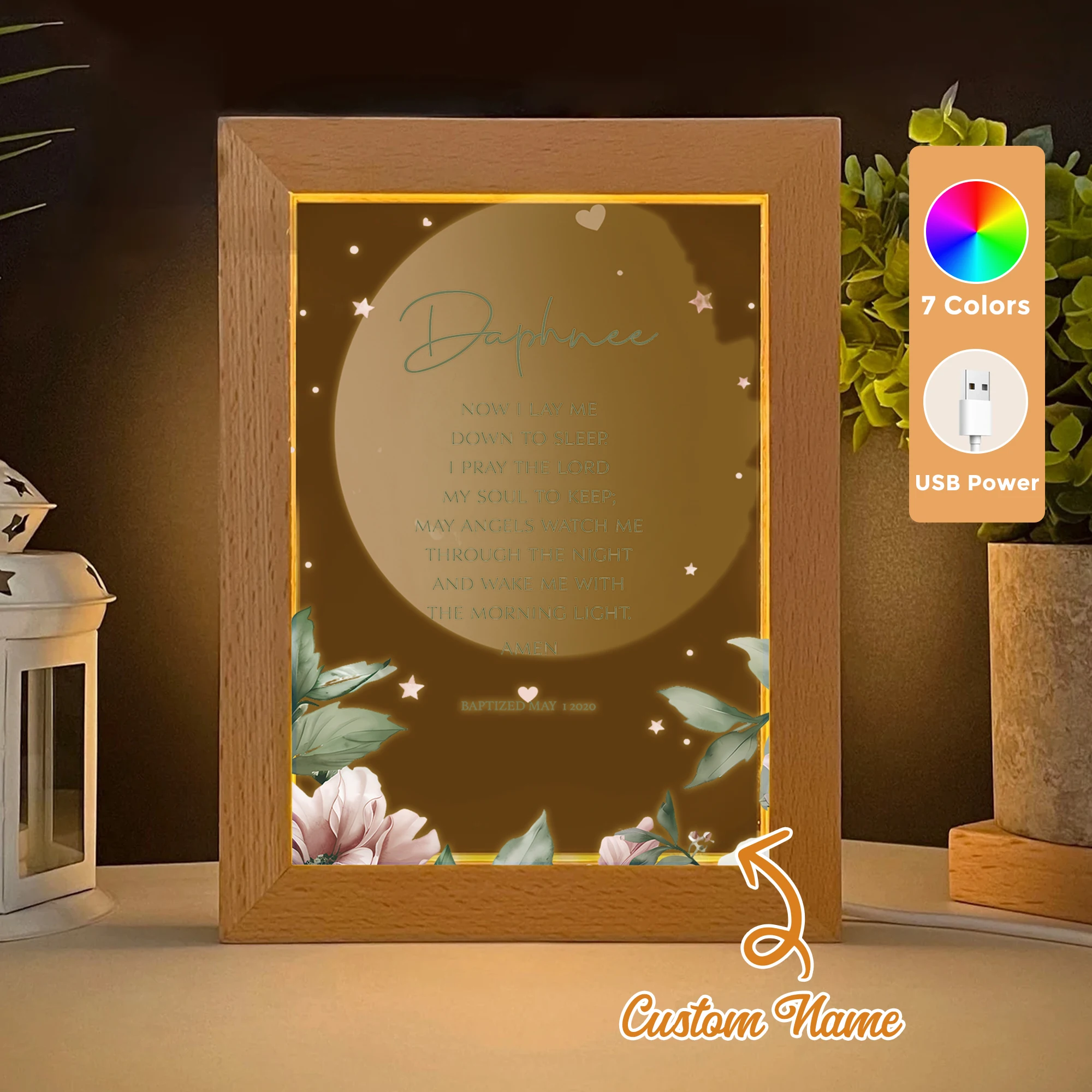 

2D Flat Custom Name Christian Baptists LED Acrylic Night Light Wood Photo Frame 21x17cm Family Bedroom Gifts Home Decor