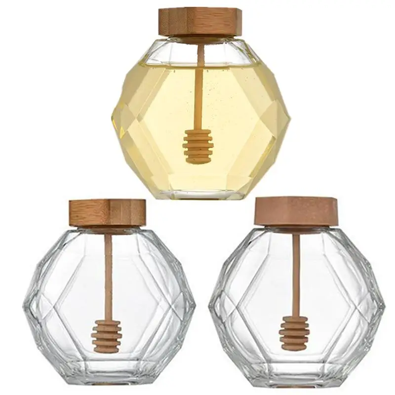 Hexagonal Glass Honey Empty Bottle With Wooden Honey Pot Stirring Rod Sealing Clear Jam Jar Kitchen Home Storage 250g/500g/1000g