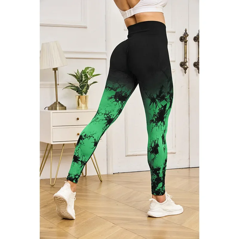 Mallas deportivas de Yoga con tinte anudado para mujer, mallas deportivas de cintura alta para gimnasio, entrenamiento, correr, levantamiento de cadera, medias de punto con gradiente