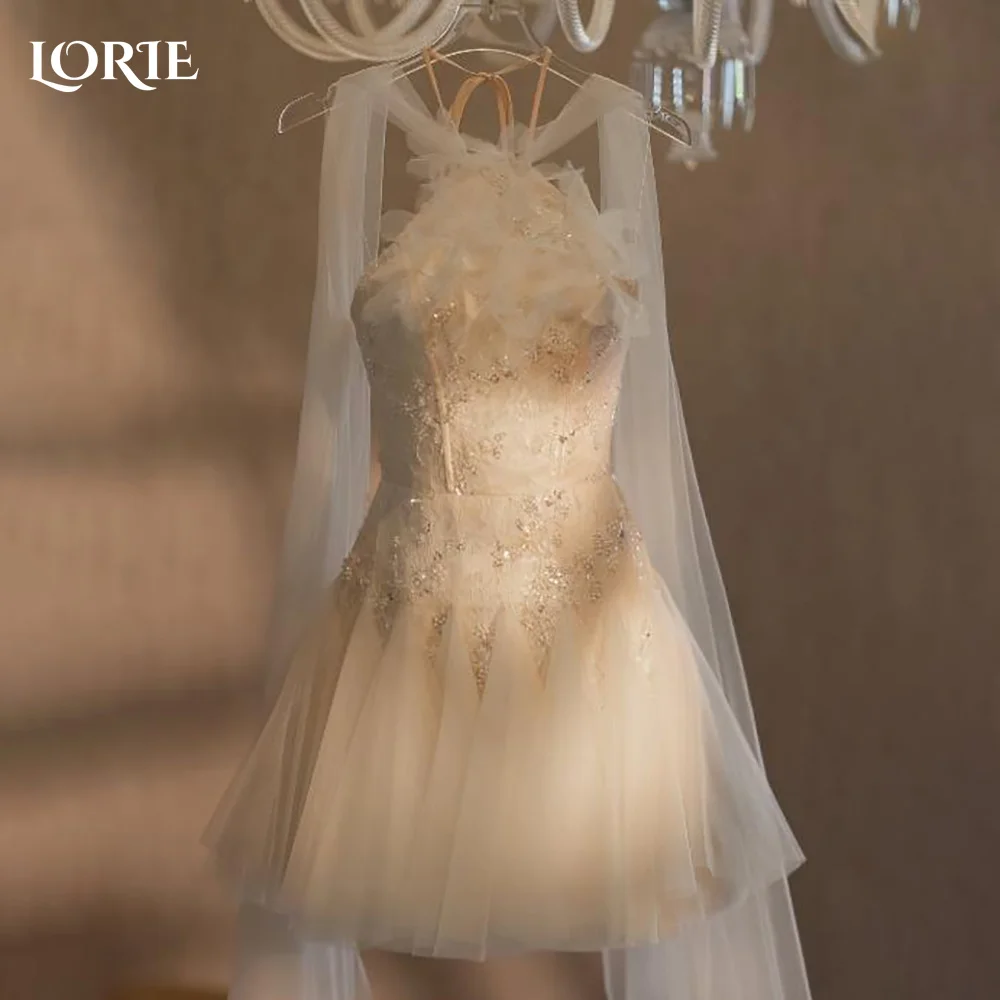 

LORIE Vintage Short Wedding Dress 3D Flower Ball Backless Sexy Halter Corset Mini Bridal Gown Princess Bride Gowns Customized