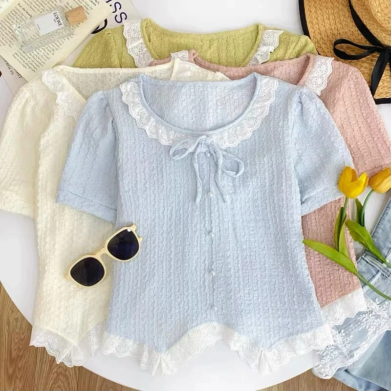 

Sweet Knot ort Sve round Ne Кружевная отделка irt Женский топ Летний нежный бриз Неравномерный подол Корейский Sle Loo...