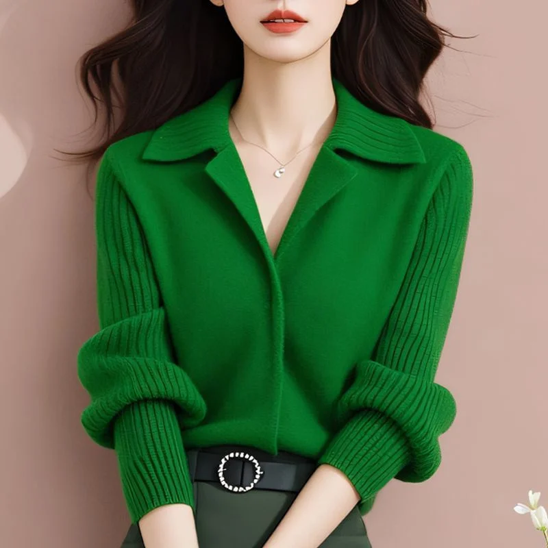 Women's Spring Autumn Winter Green Knitted Sweater 2025 New Slim Korean Version Popular Polo Long Sleeved Cardigan Jacket Top