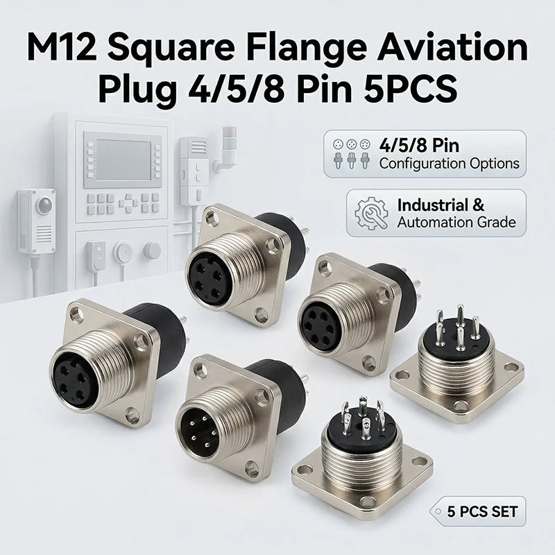 

5Pcs M12 Square Flange Aviation Plug 4/5/8 Pin Waterproof Male & Female Connector Socket, 12mm Industrial Circular Joint for LED