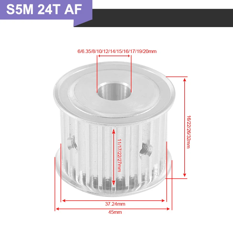 Timing Pulley S5M 24T 6/8/10/12/14/17/19/20mm Inner Bore 11/17/22/27mm Width Synchronous Pulley Wheel for Engraving Machine