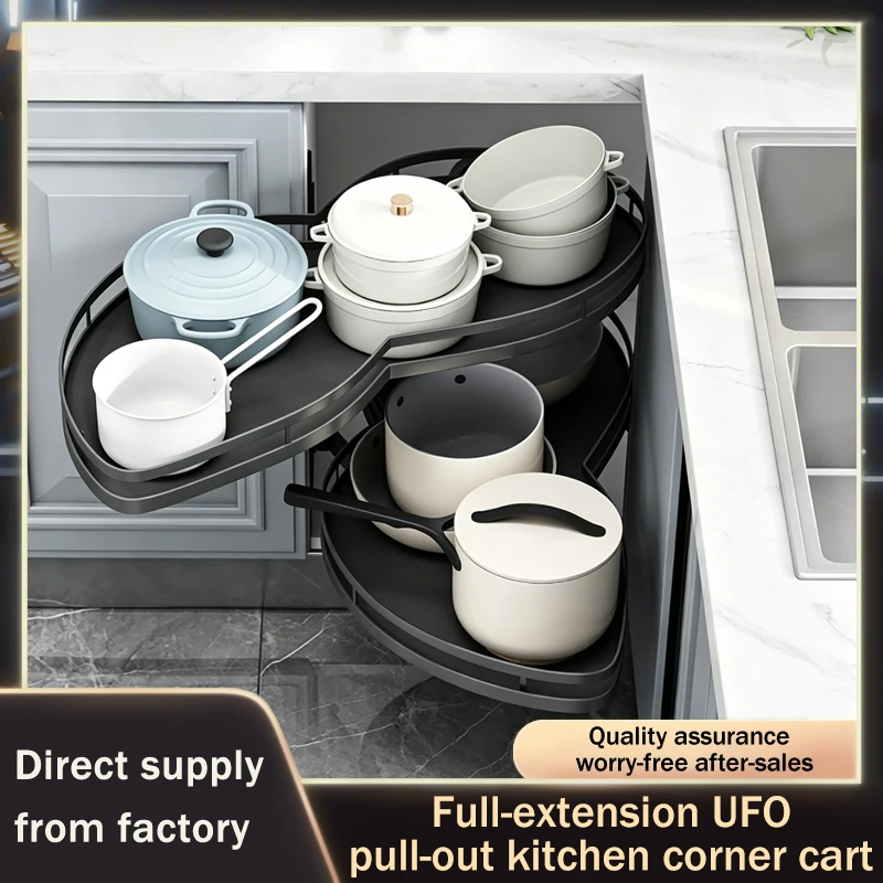 Pull Out Corner Kitchen Cabinet Rotating Magic Corner Fly Disc Double Tier Basket Rack With Smooth Gliding Rails Space Saving