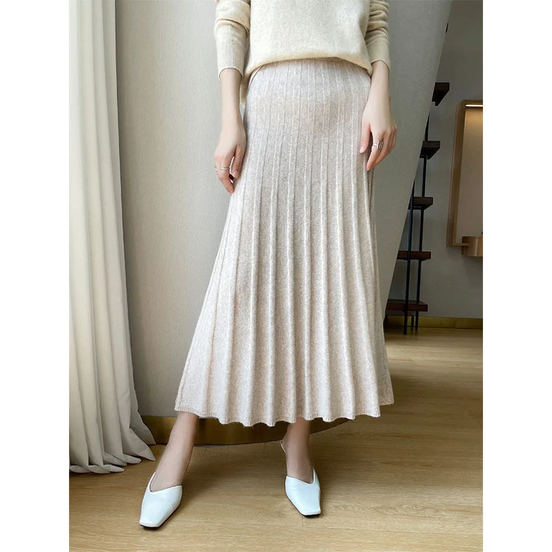 Women Wool Knitted Skirts Autumn Winter Pleated Umbrella Skort Medium-length High Waist Clothing Elastic Soft Double-sided Wear