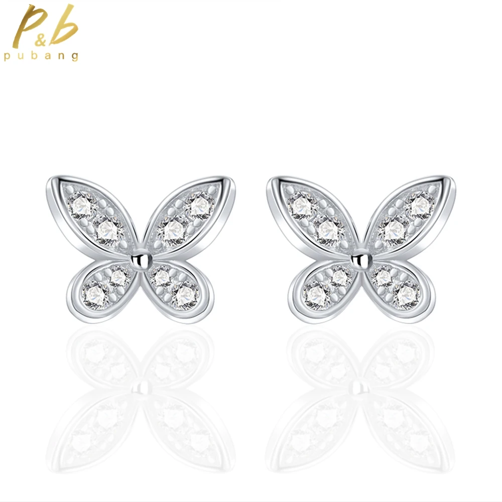 PuBang Fine Jewelry Solid 925 Sterling Silver Created Moissanite Butterfly Stud Earrings for Women Engagement Gift Free Shipping