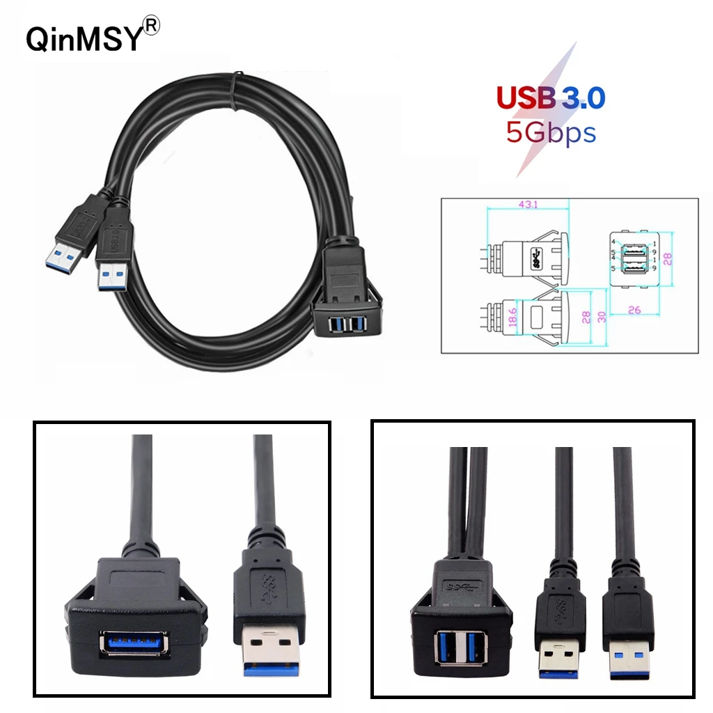 Dual USB 3.0 USB 2.0 Male to Female Flush Mount Panel Dashboard Cable Shielded for Car Motorcycle 1m 2m Length Auto Accessory