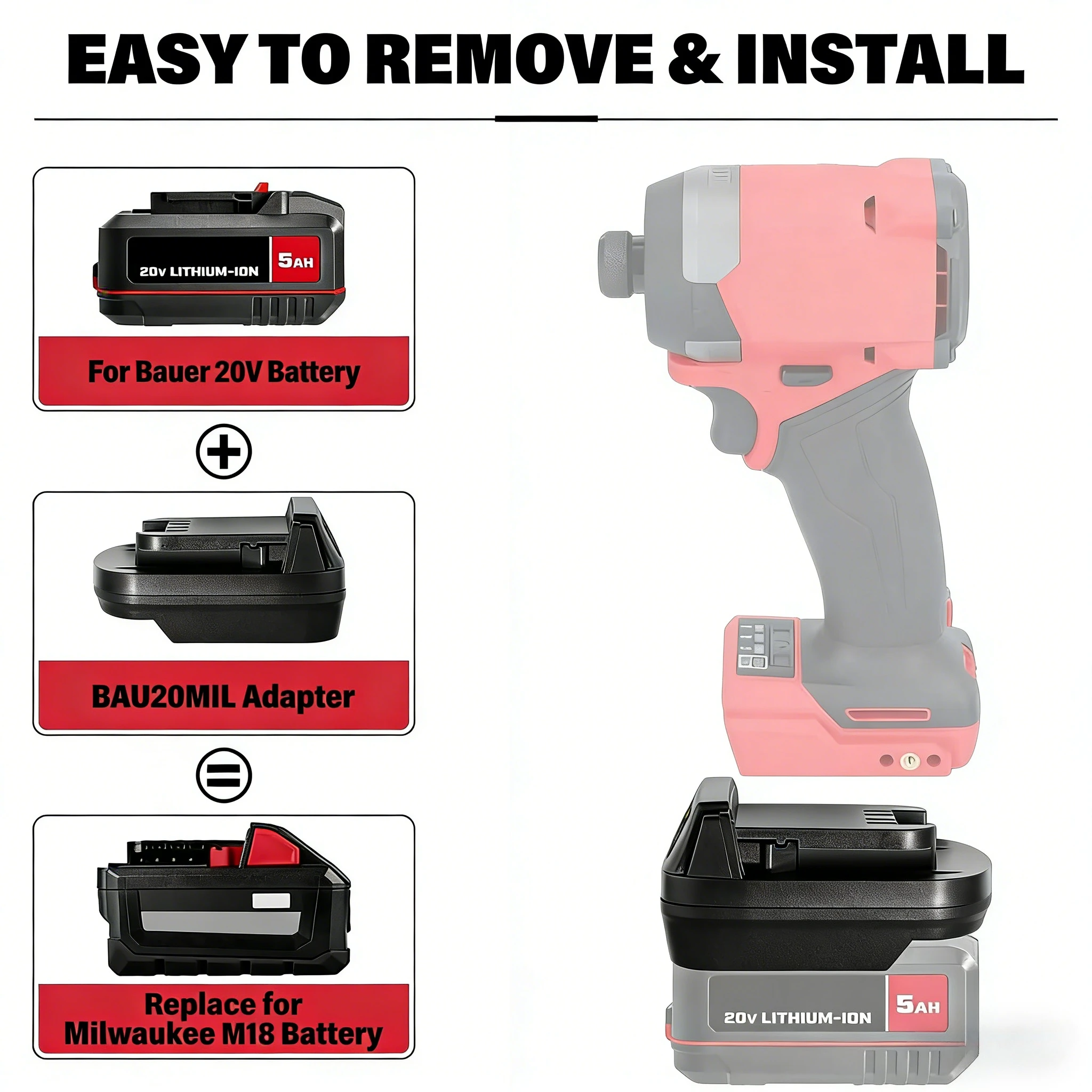 

Адаптер для аккумуляторов Bauer на Milwaukee 18V: преобразует литиевые батареи Bauer 20V для инструментов Milwaukee 18V (для дрелей)