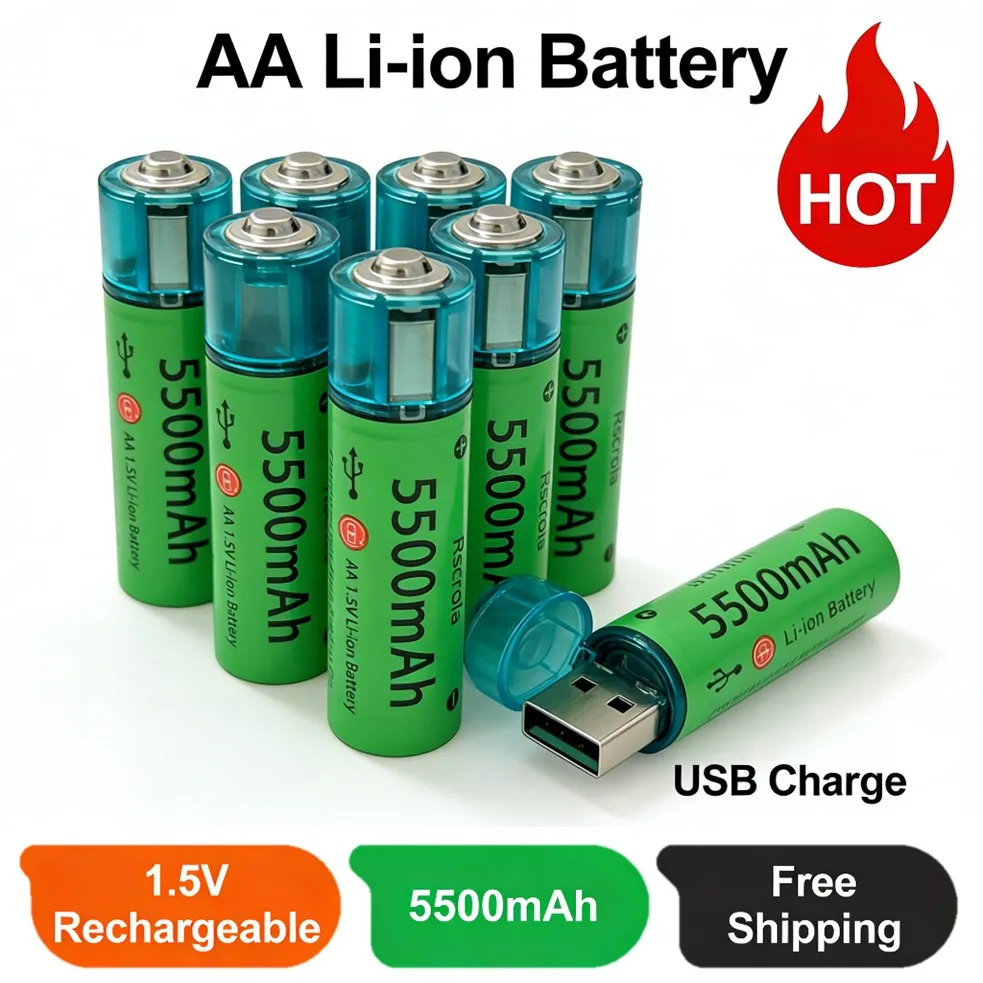 Large Capacity AA Batteries 1.5V 5500mAh  Rechargeable AA Battery USB Fast Charge Long-life for Toy Clocks Remote Controls Lamps