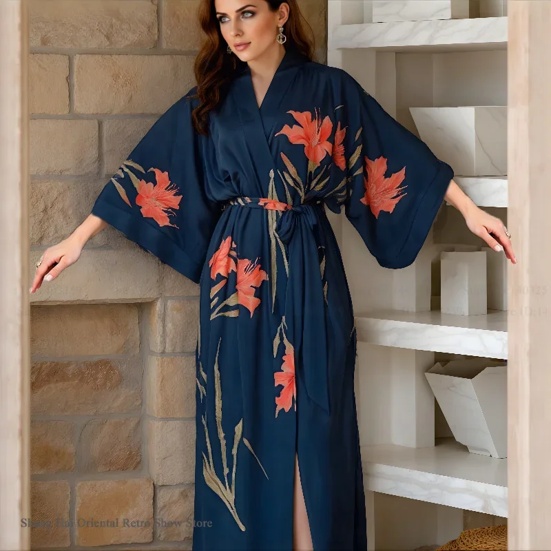 

Новая сексуальная одежда для сна из ледяного шелка с цветочным принтом, кимоно, элегантное женское длинное платье, ночная рубашка, домашняя одежда, домашнее платье, халат, нижнее белье