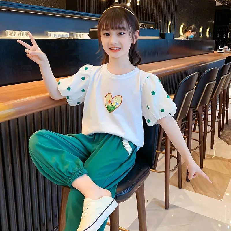 2023 Summer Girls tracksuit Kids Clothes Teenager puff sleeve t shirt Tops + long Ankle-tie pants Casual 6 7 8 10 11 12 Years