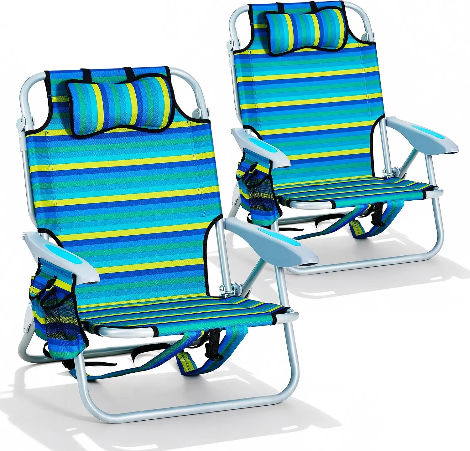 2Pcs Portable Beach Chair Adults Outdoor Lightweight Camping Chair 5Position Lay Flat Reclining Backpack Beach Chair Headrest Cu