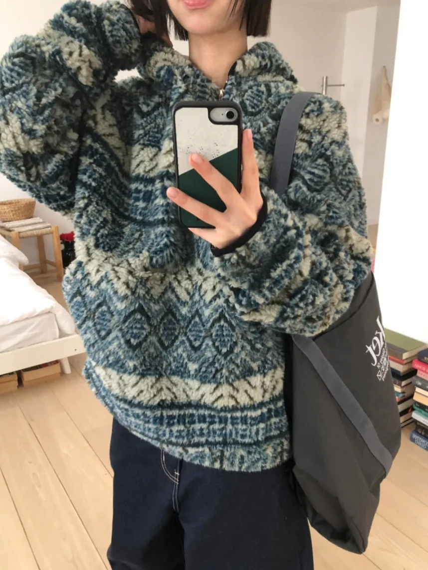 Damessweater van lamsbont met capuchon, losse, warme katoenen Jaet Winter Vintage Sle vrijetijdskleding voor verschillende gelegenheden