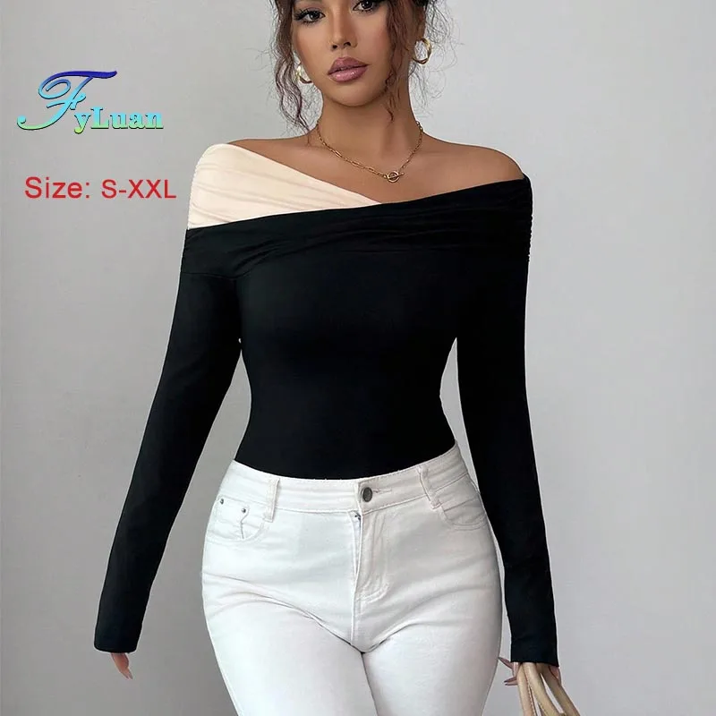 Prosta damska odzież z odkrytymi ramionami, nieregularny dekolt, długi rękaw, dopasowana koszulka, blokowanie kolorów, seksowne obcisłe bluzki damskie, łączona od wewnątrz.