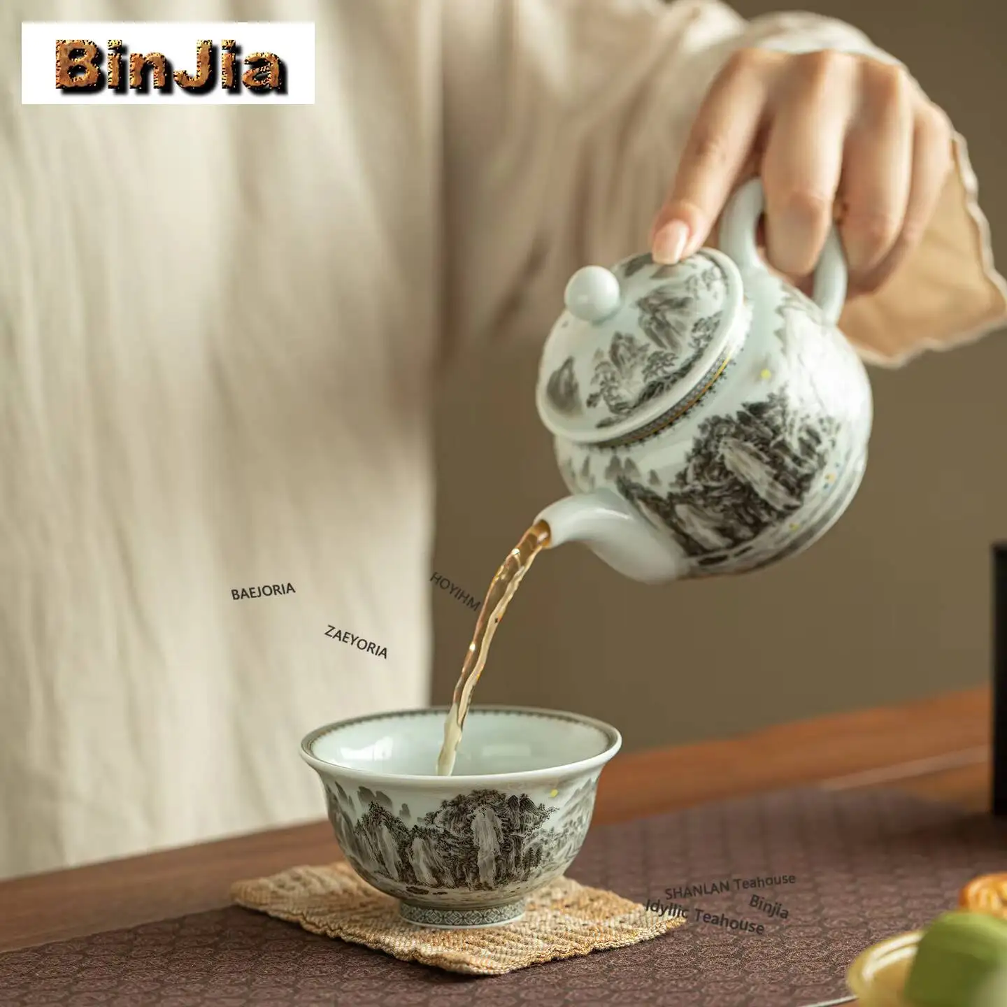 BAEJORIA 135ml Ink Rhyme Landscape Teacup Traditional Tea Bowl Water Jug Tea-tasting Smelling Cup Jianzhan Master Cups Tea Items