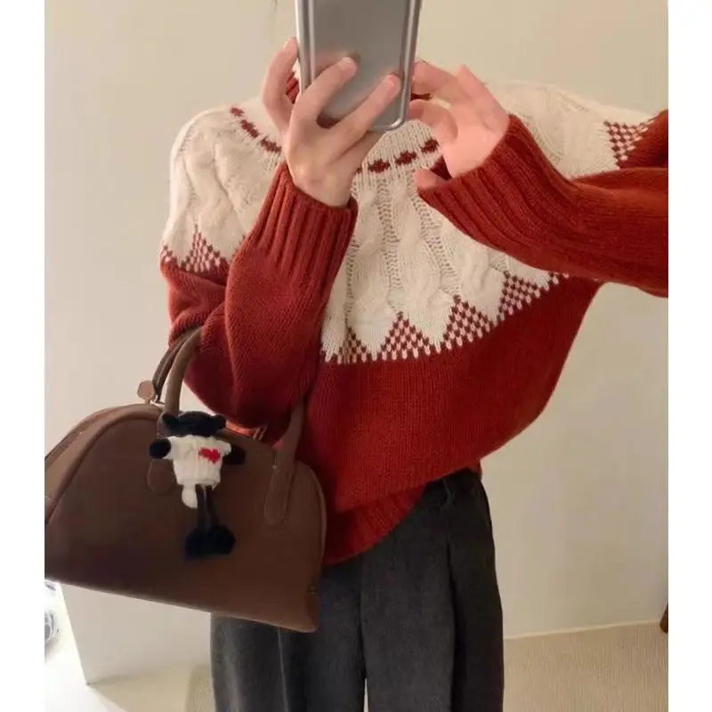 Contrast Color Autumn Winter Round Neck Women\'s Clothing Pullover Long Sleeve Screw Thread Sweater Knitted Casual Loose Tops