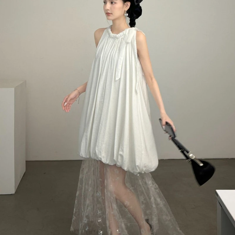 French Design Sleeveless White Temperament Summer Hanging Neck Mesh Stitching Women's Lantern Dress