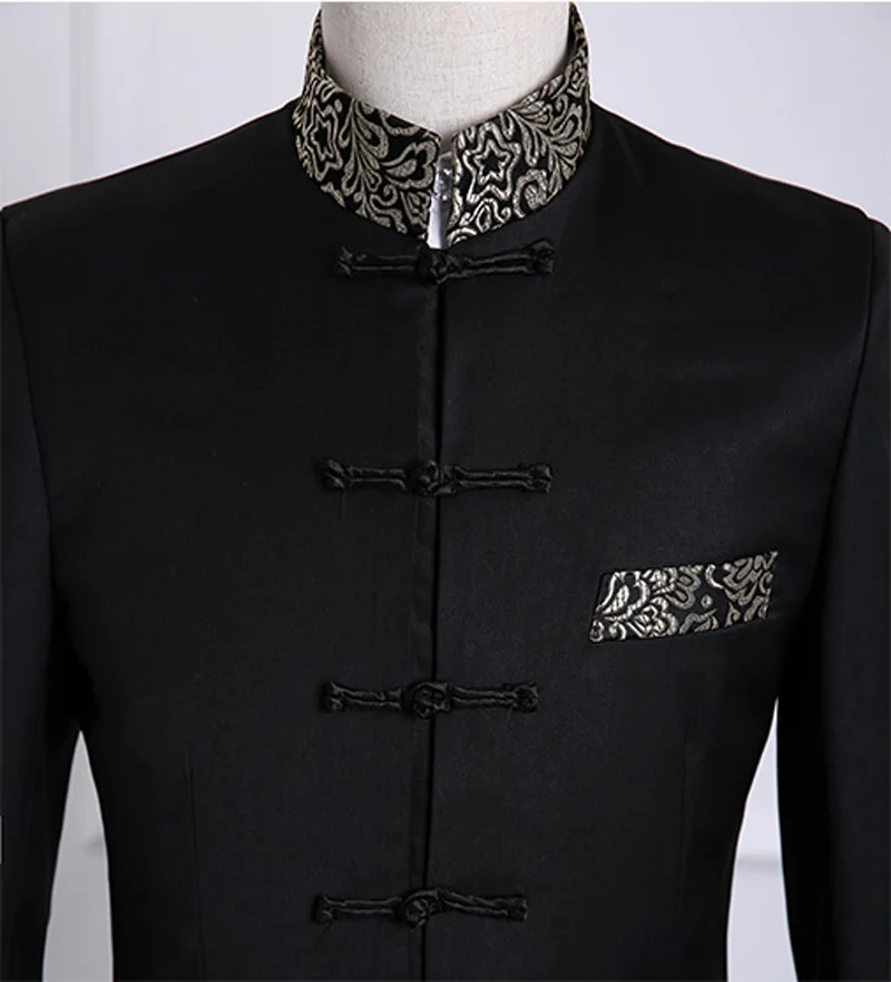 Luxury Gold Floral Embroidery Dress Suit Men Stand Collar Chinese Style Suits with Pants Mens Wedding Groom Dinner Tuxedo Suit