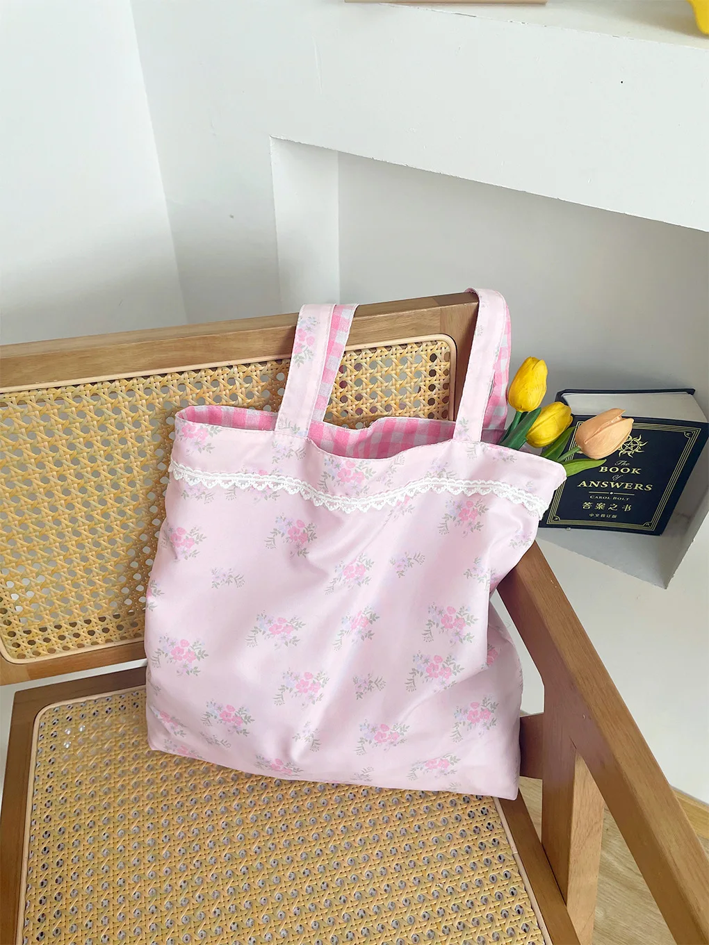 

Мягкая розовая сумка через плечо в клетку, холщовая сумка со свежим цветочным принтом, кружевная кружевная сумка двойного назначения для девочек, студенческая сумка