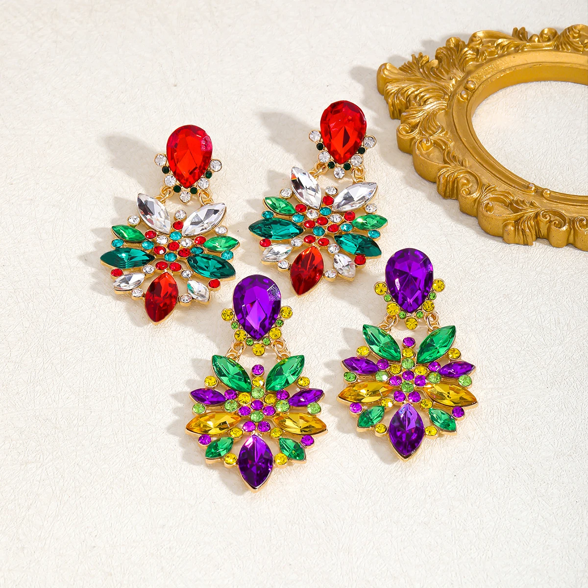 

European and American Carnival Exaggerated Purple Green Charm Rhinestone Flower Dangle Earrings Banquet Jewelry Ear Accessories