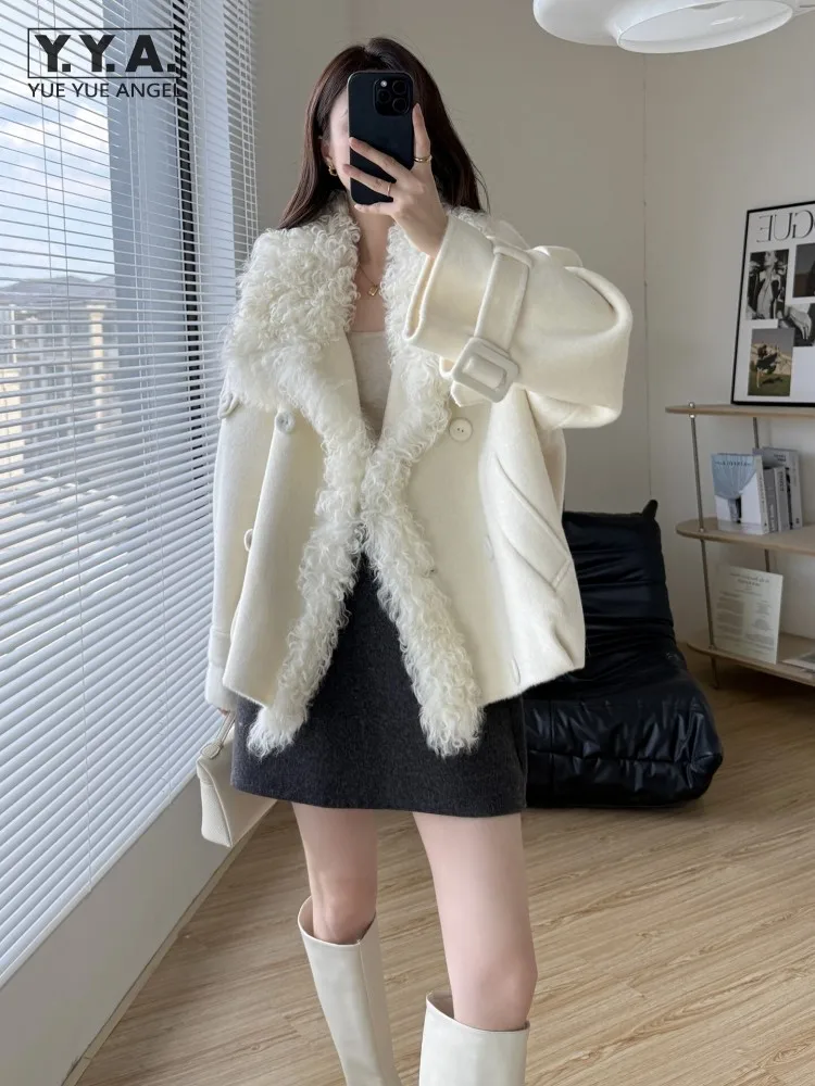 Winter New Women Double Sided Woolen Coat Turndown Collar Double Breasted Office Lady Work Loose Fit Jacket Long Sleeves Outwear