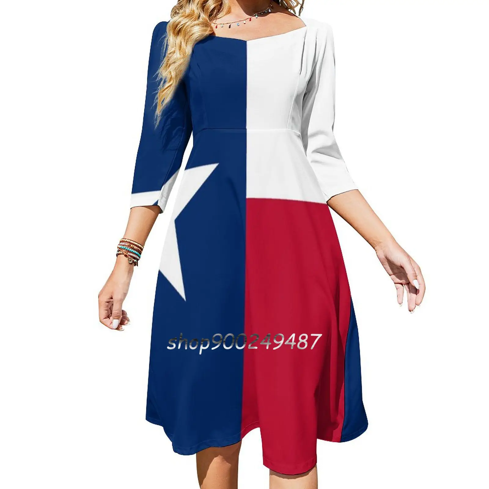 Texas : Texan Flag Sweet Elegant Dress Women Korean Kawaii Square Collar Dress America American Antonio Arlington Austin