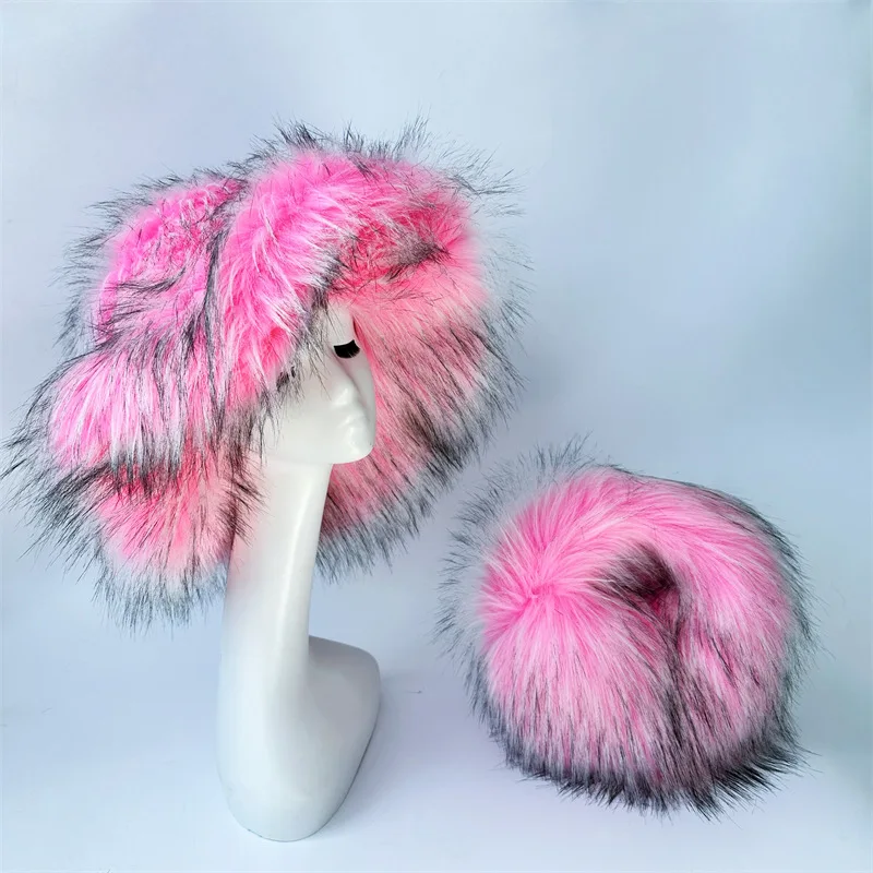 New pink large brim women\'s winter warm and thickened imitation raccoon fur fisherman hat bucket hat  hats for women