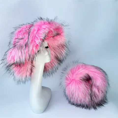 여성용 핑크색 큰 챙, 따뜻하고 두꺼운 모조 너구리 모피, 어부 모자, 버킷 모자, 겨울, 신상