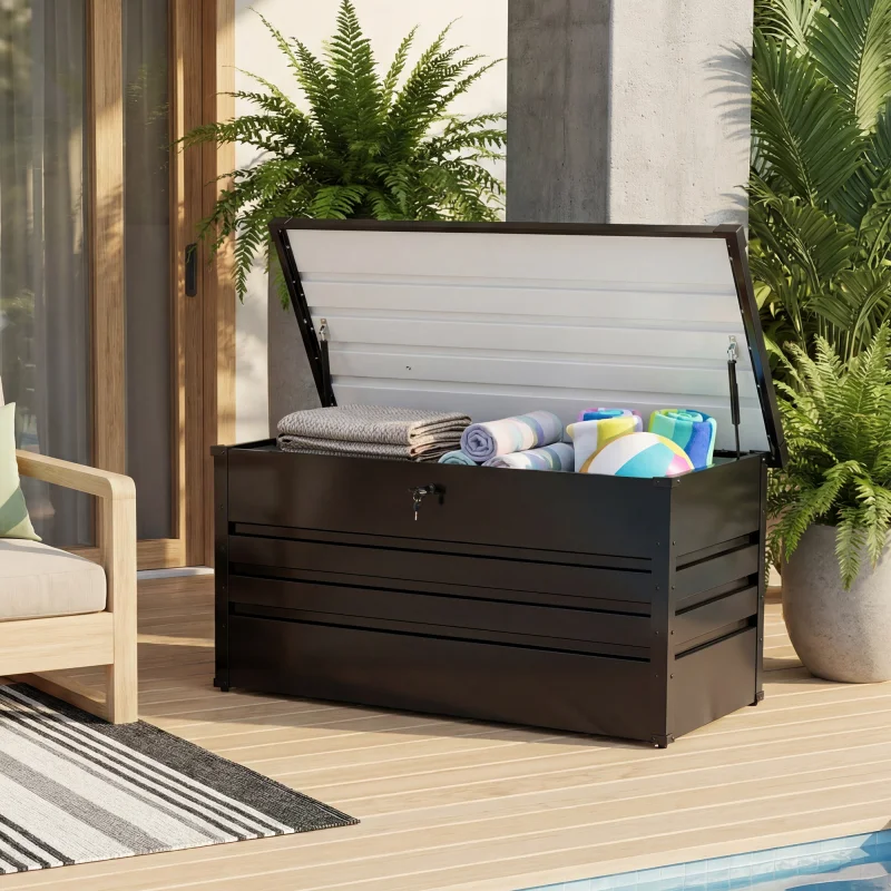 

JHK 180 Gallon Outdoor Iron Deck Box Large Capacity Water Resistant Storage Box With Lockable for Patio Outdoor Furniture