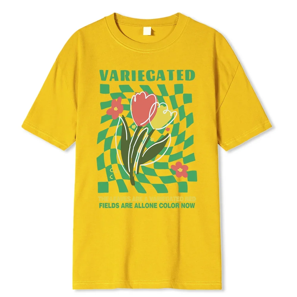 Variegated Tulips Green Grid Print T-Shirt Men 100% Cotton Short Sleeve T-Shirts Casual Breathable Tops Pattern Tee Clothes Man