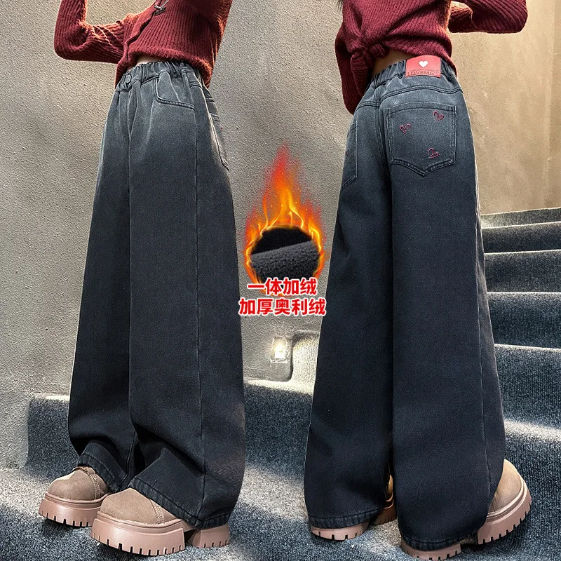 الشتاء فتاة عيد الميلاد معزول الجينز مع التدرج القلب التطريز للأطفال الدافئة الدنيم السراويل الأطفال السراويل مبطنة بالصوف