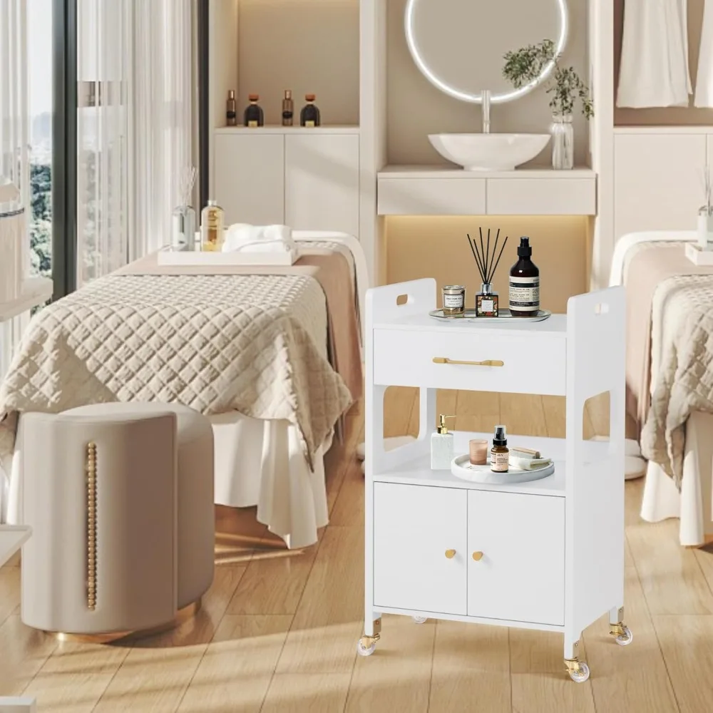 عربة دوارة لصالونات التخزين، عربة حلاقة مع خزانة وعجلات قابلة للقفل، أدوات تصفيف أدوات سبا التجميل