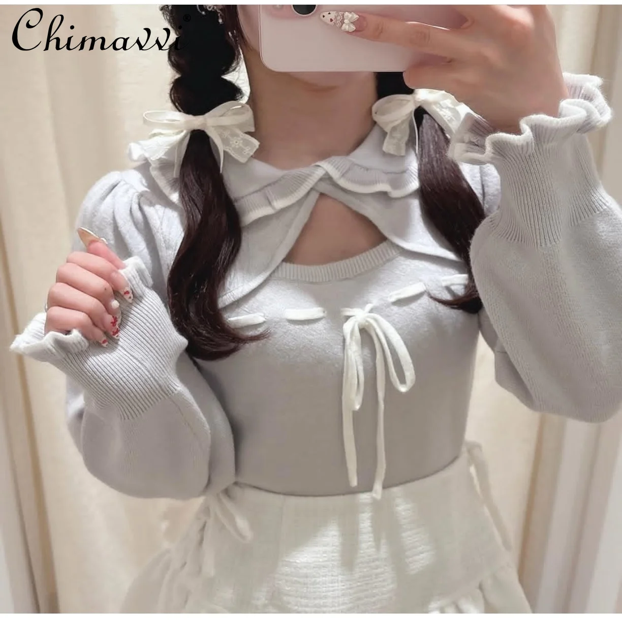 

Japanese Sweet Doll Collar Hollow Ribbon Knitted Sweater Spring Autumn New Cute Bowknot Girl Long Sleeve Lolita Sweater Women