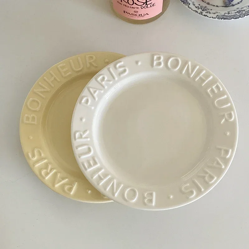 Ceramic Dessert Plate with Relief Letter, Fruit Salad Plates, Western Food Steak Afternoon Tea Cake Dishes, Korean, Gentle Cream