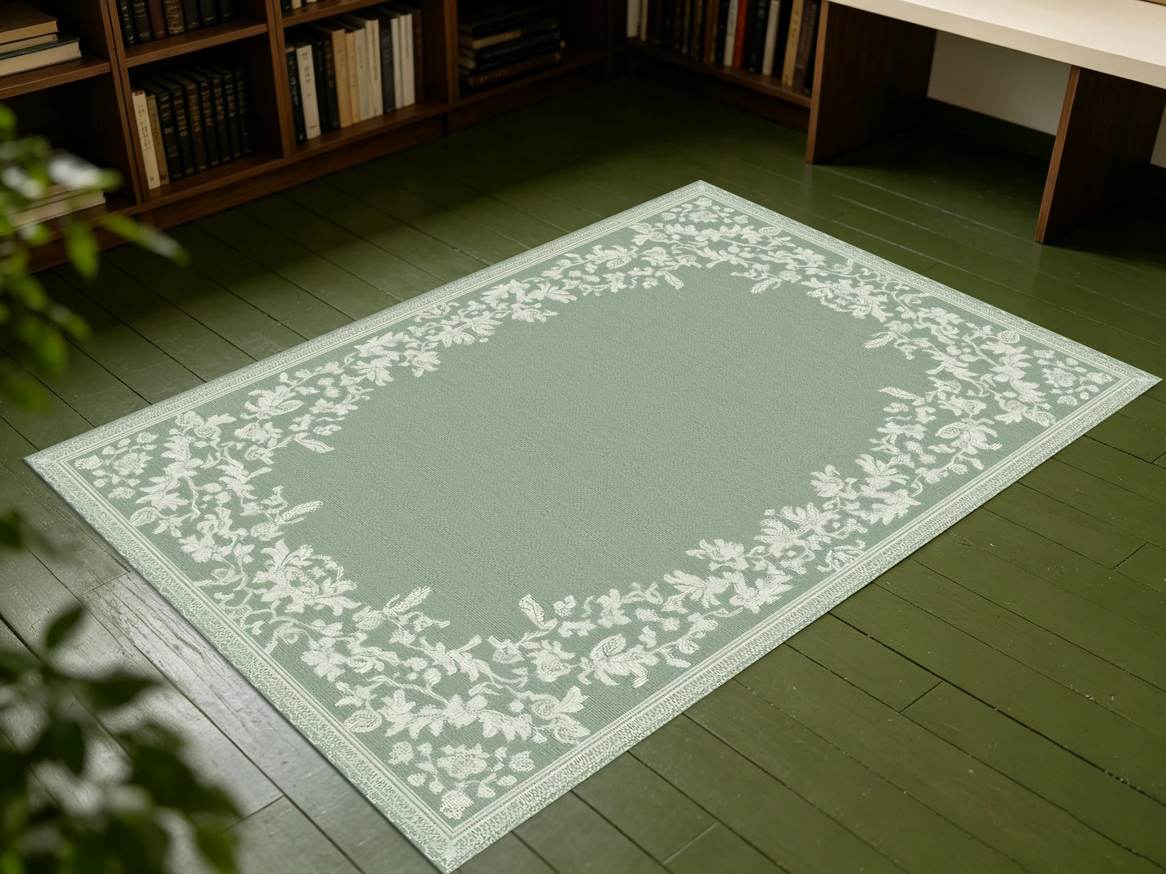 2D Carpet, Large 2D Carpet in Bean Green Color with a Border Featuring a French Light Luxury Floral Pattern   Soft and Skin-Friendly, Suitable for Living In…