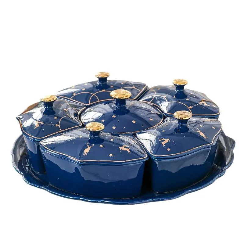 

Rotating ceramic dried fruit plate, compartment with lid, household snack candy box
