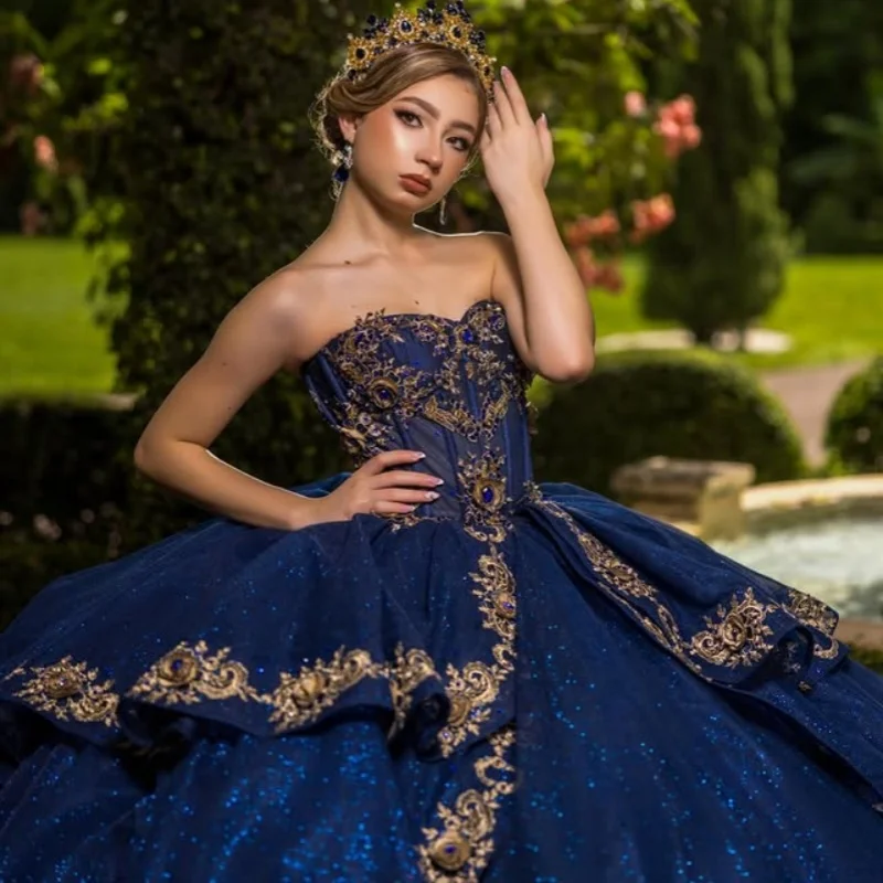 

Shiny Dark Blue Quinceanera Dresses Off the Shoulder Sequin Layering Decal Long tail Vestido De 15 Quinceanera Customize
