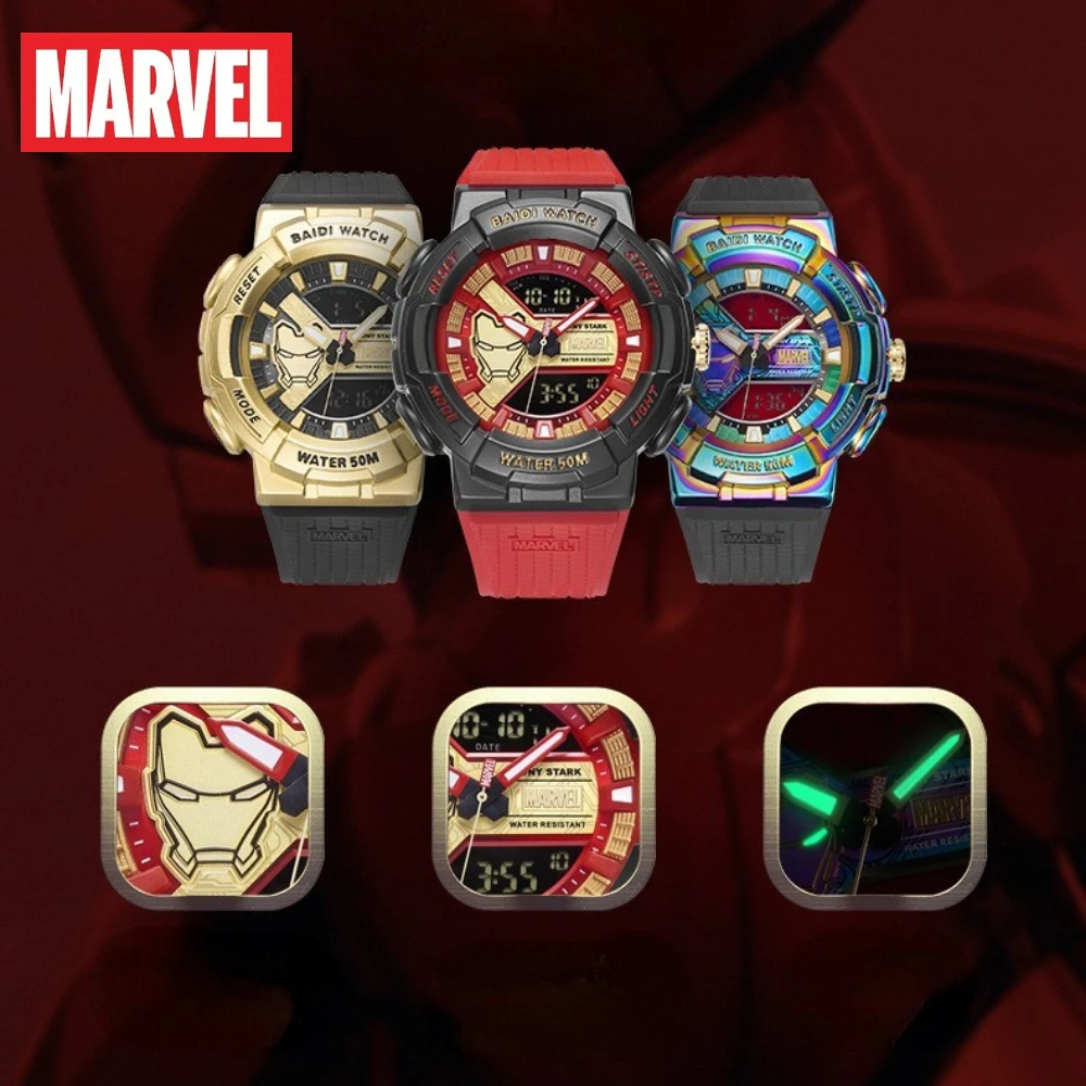 Disney Marvel Men Watch Ironman Dazzling Color Dual Display Big Dial Luminous Waterproof Men\'s Digital Clock Relogio Masculino