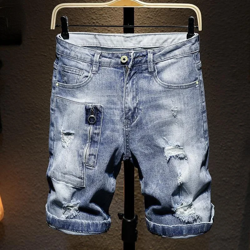 Short Jeans Pants for Men Knee Length Man Denim Shorts Buttons Slim Stretch Long Ripped Half Skinny Stretchable Wih Zipper Thin