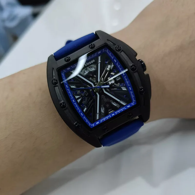 Новые мужские полые водонепроницаемые светящиеся взрывные механические часы в форме бочонка