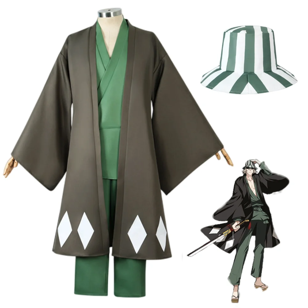 Anime Bleichmittel Cosplay Urahara Kisuke Kostüm Halloween Karneval Party Kostüm Männer Frauen schwarze Kimono Hosen Hut Outfits Kleidung